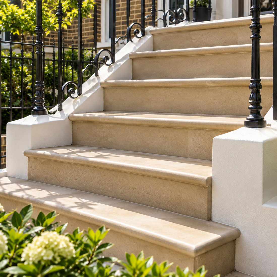 A set of elegant outdoor stone steps with a warm beige finish, flanked by white pedestals and black wrought iron railings, set in a lush garden with green foliage and white flowers.