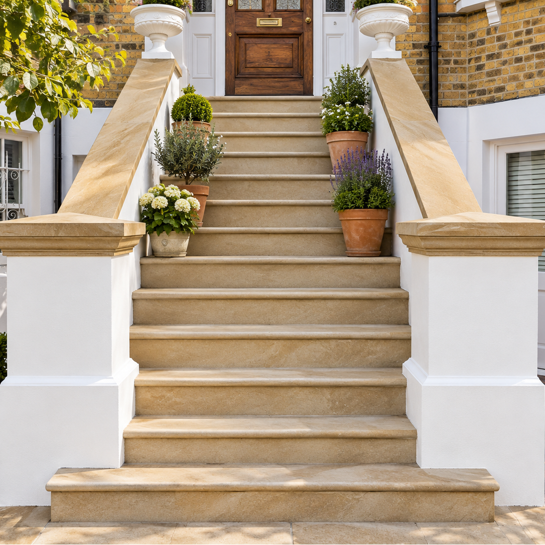 A set of elegant outdoor stone steps leading up a front porch, flanked by white painted posts with warm beige stone railings and potted plants.