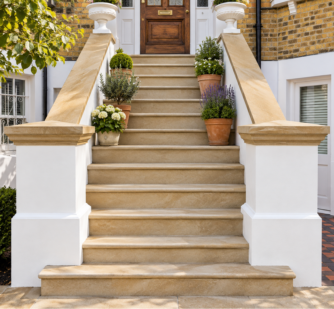 A set of elegant outdoor stone steps leading up a front porch, flanked by white painted posts with warm beige stone railings and potted plants.