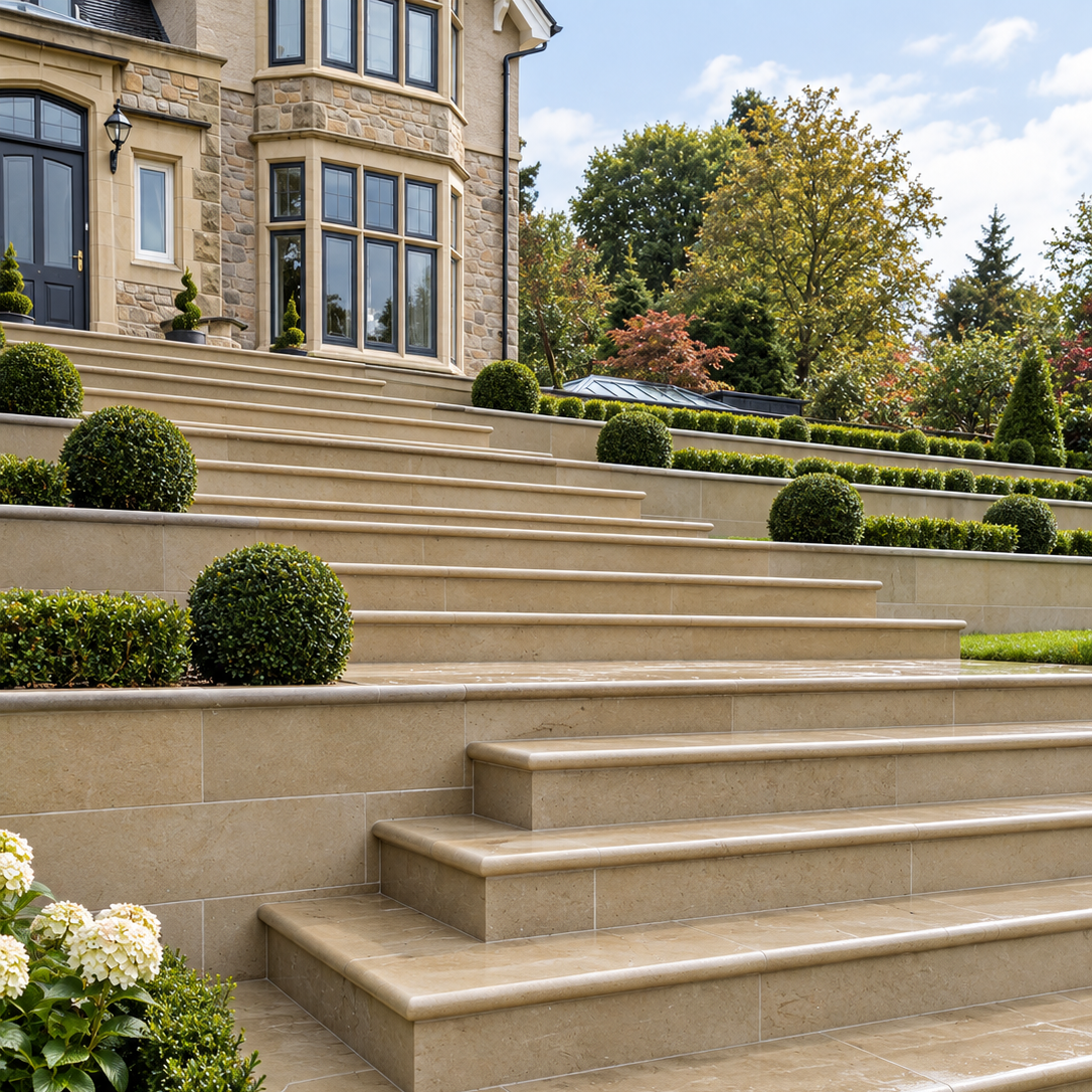 Wide stone steps leading up a landscaped lawn toward a large house, with trimmed greenery, gravel beds, flowers, and trees in the background.