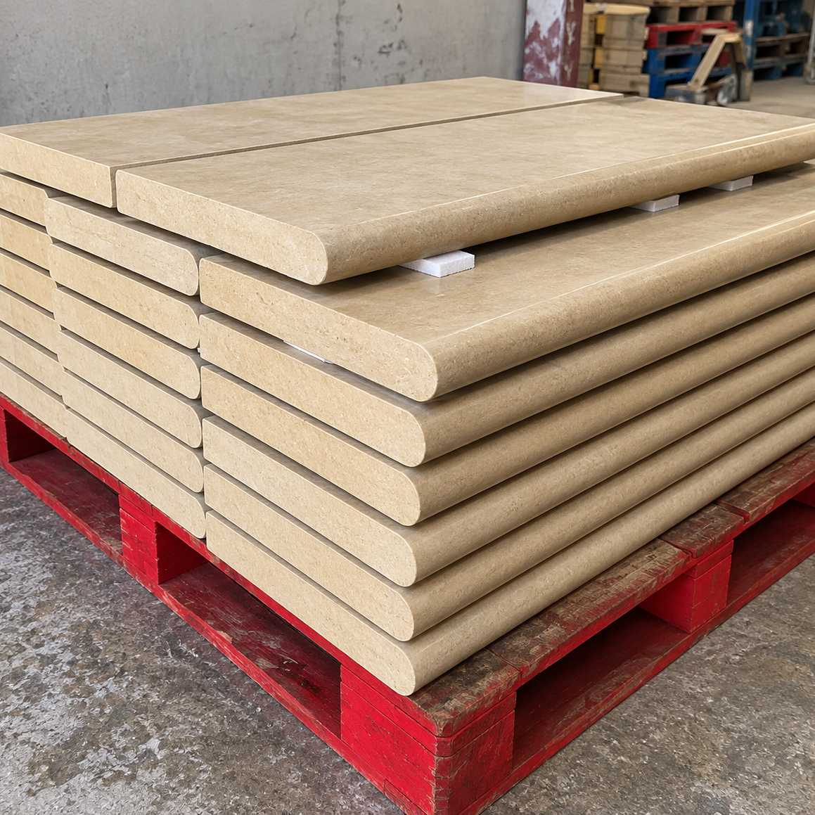 A stack of large rectangular beige panels or boards with rounded ends, placed on a red wooden pallet in a warehouse setting.