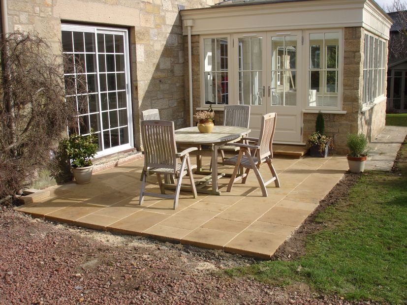 Traditional York stone paving slabs, York Stones garden patio for dining outside in summer