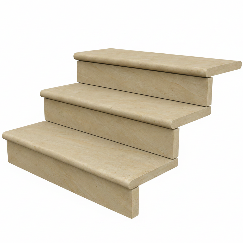 Four-step staircase risers and nosing pieces made of light beige travertine stone, shown on a solid white background.