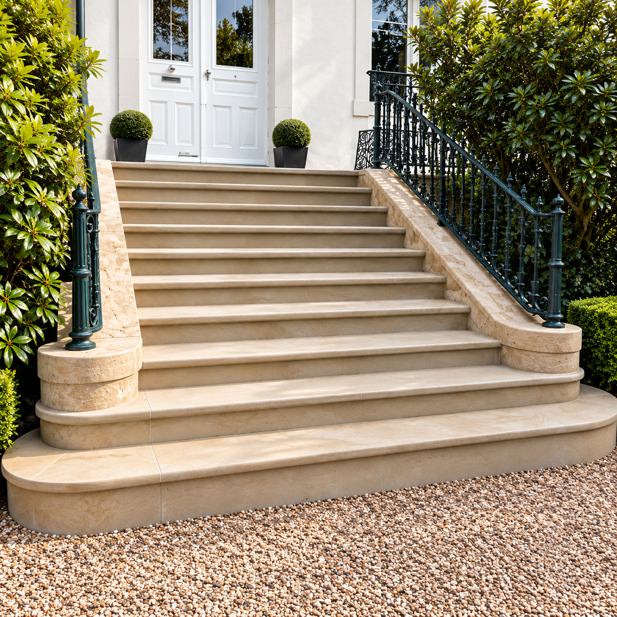 A set of outdoor stone steps leading up a white front door, flanked by green shrubs and topped with a black wrought-iron railing on a gravel surface.