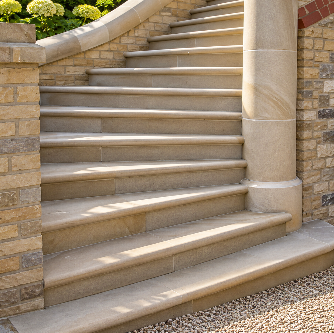 Outdoor stone staircase with wide, gently curved steps, a round stone pillar, and a brick-and-stone wall, shown in a landscaped garden setting.