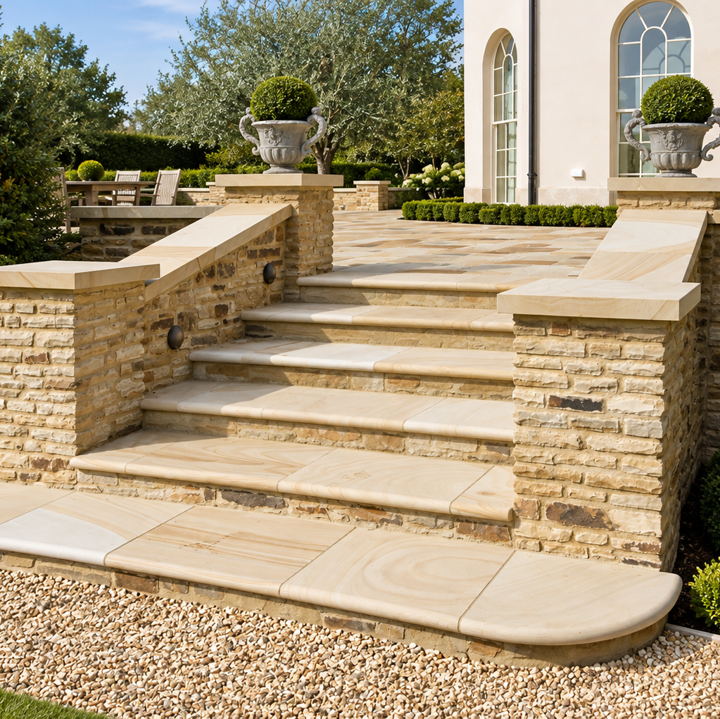 A landscaped outdoor staircase made of light beige stone slabs and stacked stone walls, leading up a driveway to a house with arched windows and green shrubs.