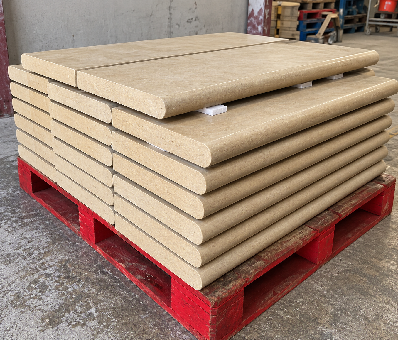A stack of large rectangular beige panels or boards with rounded ends, placed on a red wooden pallet in a warehouse setting.