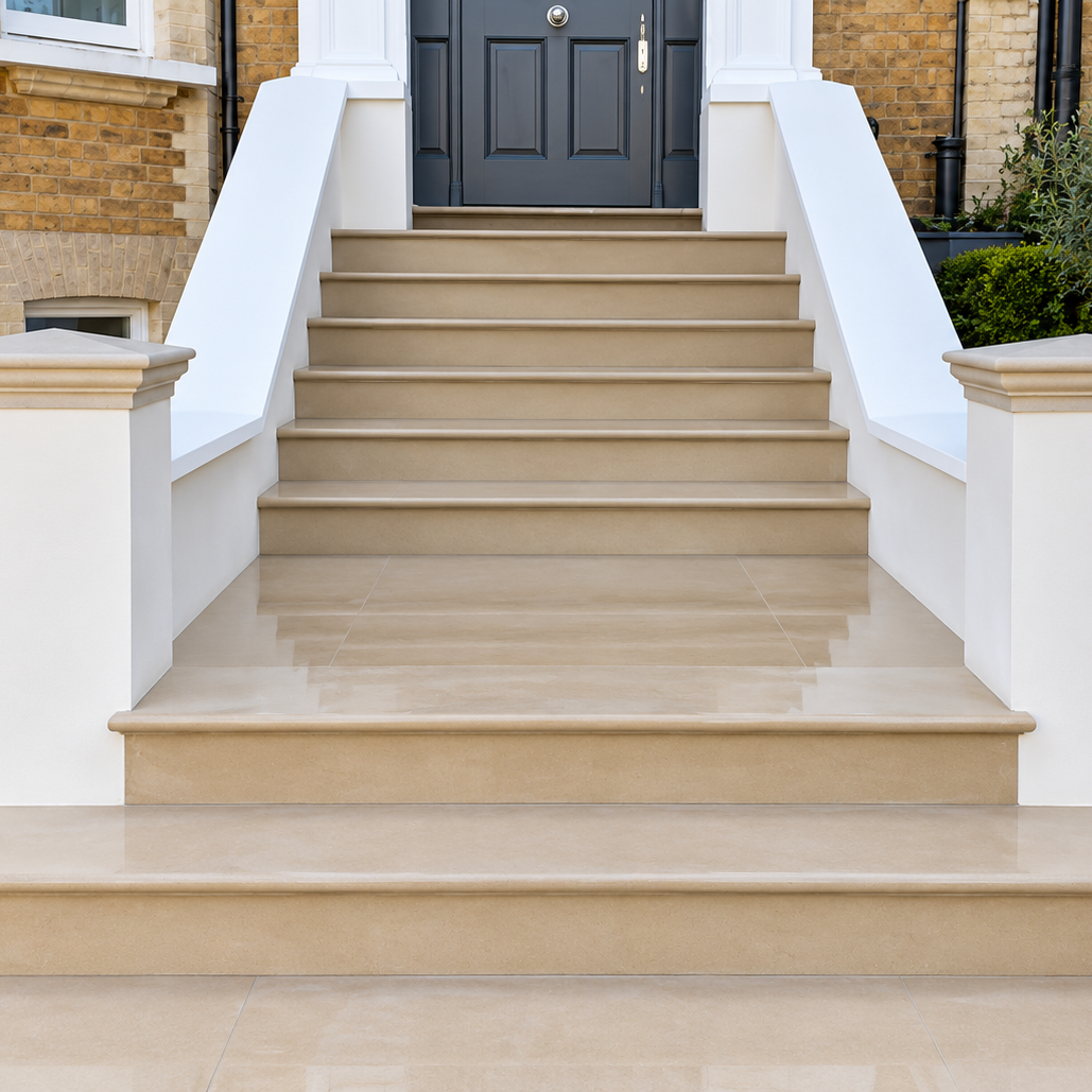 A set of outdoor stone steps leading up a front porch with white railings and pillars, set against a brick house facade.